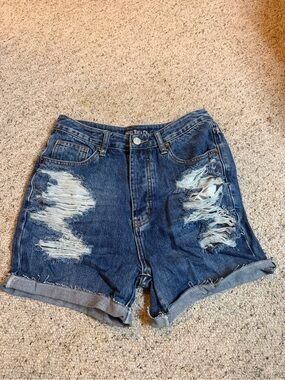 High-Rise Distressed Dark Blue Denim Jean Shorts